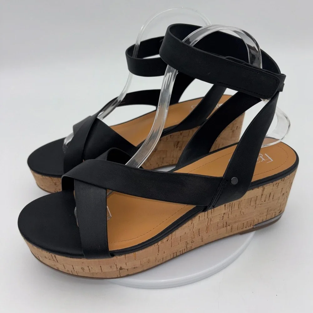 FRANCO‎ SARTO Black Wedge Shoe Sandal Heel Patty Women Strappy Cork Platform 9